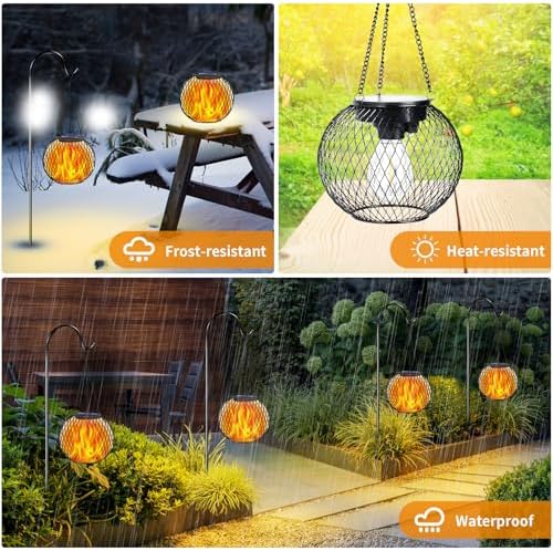 TomCare Solar Lanterns Outdoor 4 Pack Flickering Flame Metal Hanging Lights - Image 4