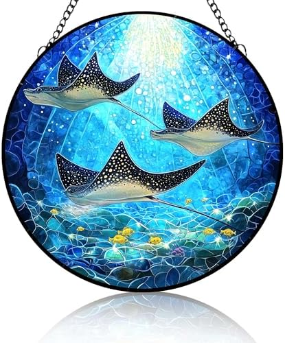 Marine Life Stained Glass Suncatcher Three Manta Rays Handmade Window Hangings Colored Glass Suncatcher for Indoor Garden Christmas Decor 9.8 Inch by Unknown