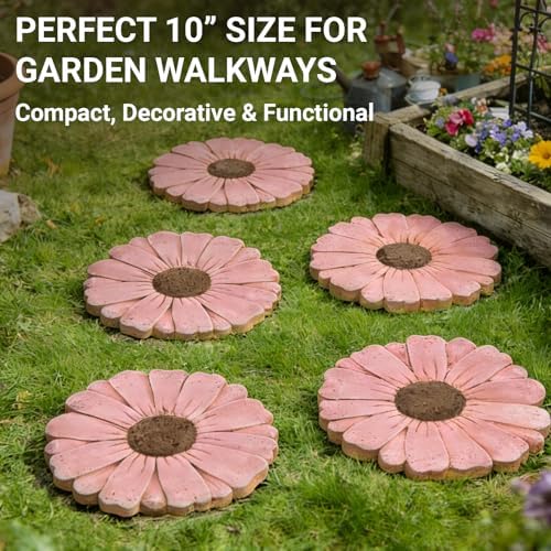 2 Pack Daisy Cement Stepping Stones 10 Inch, Heavy Duty Garden Pathway Stones, Non Slip Outdoor Walkway Decor for Yard Patio Lawn, Weather Resistant Fall Garden(Pink) - Image 4