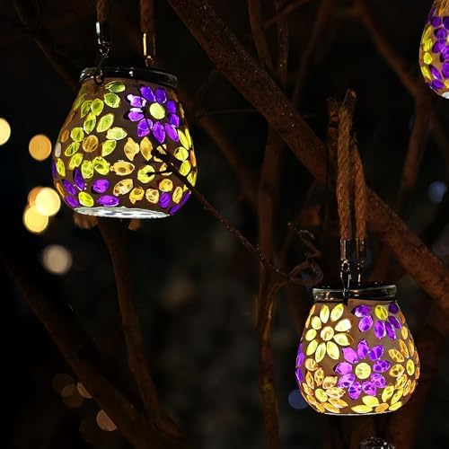 Cooo 2 Pack Mosaic Solar Lantern Outdoor Waterproof IP68 Hanging Projection Light Hidden Lid Pear-Shaped Lantern with Rope Handle Solar Powered Auto On for Patio Garden Fence Table - Image 4