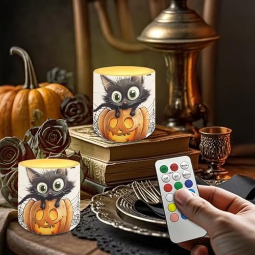 Pack of 4 Halloween Flameless Candles with Remote Battery Operated Candles with Timer Flickering LED Elictric Pillar Tealights for Indoor Outdoor Home Decor, Spider Web Black Cat Bat - Image 3