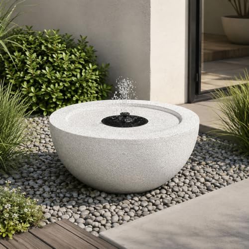 Solar Powered Outdoor Water Fountain, Modern Round Stone-Look Free-Standing Garden Fountain with Built-in Pump, 19.88" x 9.65" Yard Decor Water Feature for Patio, Lawn, Backyard, and Landscaping - Image 2