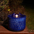 Glitzhome 14.75”H Outdoor Ceramic Garden Water Fountain with LED Lights and Pump, Two Birds Embossed Leaf Pattern Patio Fountain Floor Standing Bird Bath Fountains for Porch Deck Backyard, Cobalt Blue by Glitzhome