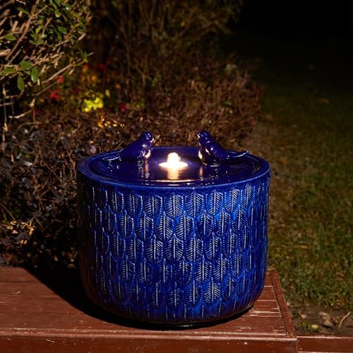 Glitzhome 14.75”H Outdoor Ceramic Garden Water Fountain with LED Lights and Pump, Two Birds Embossed Leaf Pattern Patio Fountain Floor Standing Bird Bath Fountains for Porch Deck Backyard, Cobalt Blue by Glitzhome