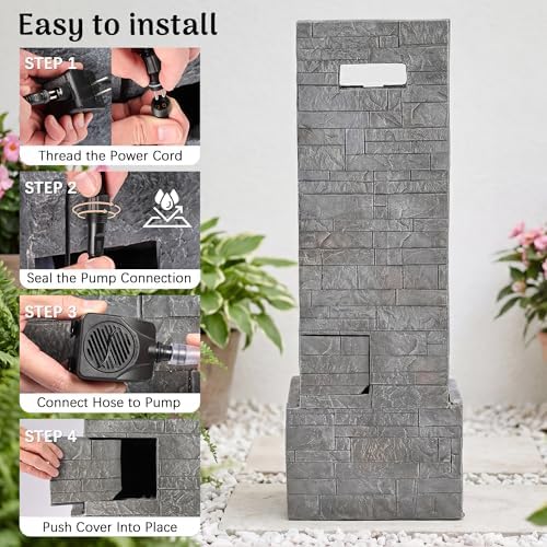 Redlife 39" Outdoor Waterfall Fountain, Modern Wall Water Feature with LED Lights, Resin Floor Standing Fountain with Adjustable Pump, Tall Patio Garden Backyard Decor - Image 6