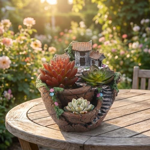 OUNONA Fairy Garden Planter, Creative Flower Pot Holders Hanging Garden Design with Sweet House Micro Landscape Mini Succulent Plant Planter for Indoor Outdoor Desk Balcony Decor - Image 2