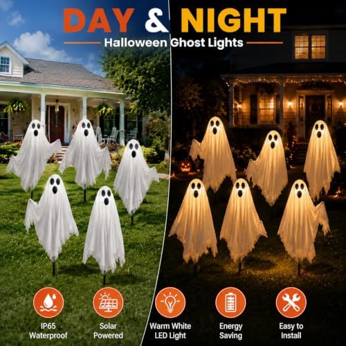 6 Pack Halloween Ghost Solar Lights, Ghost Pathway Lights with Stakes - Image 4