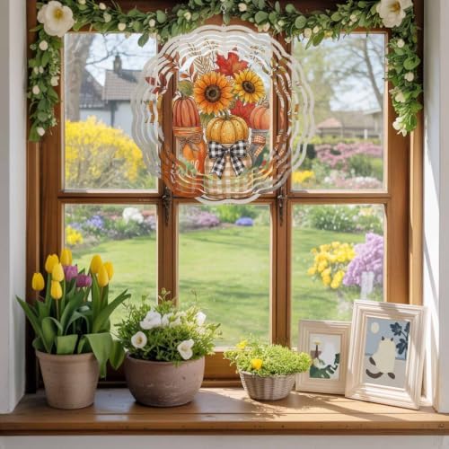 12 Inch Bottle Pumpkins Fall Wind Spinner for Yard and Garden,Thanksgiving Harvest Sunflowe Maple Hanging Ornaments Outdoor 3D Kinetic Wind Sculpture Spinners Indoor Outdoor Patio Décor Gift - Image 5