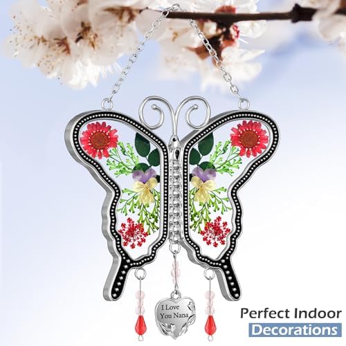 KY&BOSAM Suncatcher Butterfly Glass I Love You Nana Butterfly Suncatchers Ornament hangings for Windows Wind Chime with Pressed Flower Butterfly Embedded in Glass Mother`s Day Birthdays - Image 2