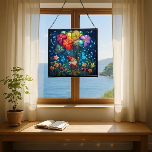 Flower Balloon Lift Gnome Stained Glass Suncatcher – Square Hanging Window Panel for Home or Greenhouse – Whimsical Glass Art Gift for Garden Lovers, Christmas, Halloween, Father Days XOHreA - Image 6