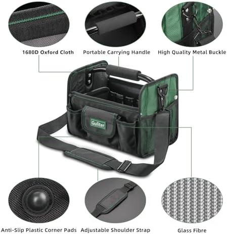 11 Inch Small Tool Bag, Open Top Tool Tote with Stainless Steel Handle and Adjustable Shoulder Strap,21 Pockets Electrician Tool Bags,Black/Green - Image 5