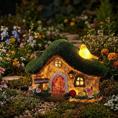 Resin Fairy House Statues with Solar Lights Outdoor for Garden Decor Funny Birds Ladybird Flocked Fairy House with Garden Figurine Patio Yard Lawn Decorations Gift for Mom Women (Green 1) - Image 3