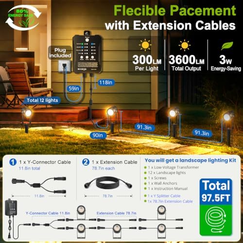 Plug and Play Low Voltage Landscape Lighting Kit with Extension Cable, 12Pack 90FT Wired Landscape Lights with Transformer, Warm White Waterproof Outdoor LED Spotlights for Yard, Garden, Pathway - Image 3