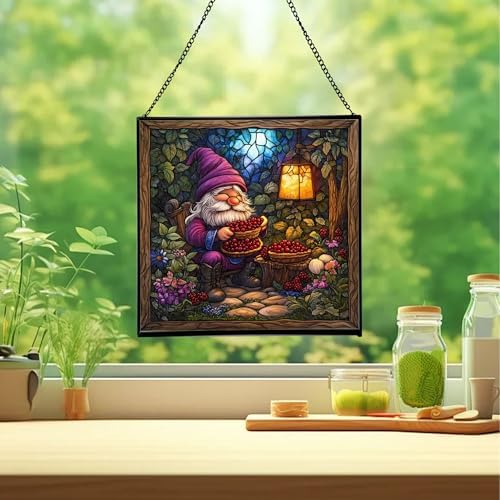 Berry Pie Gnome Picnic Stained Glass Suncatcher – Square Hanging Window Panel for Home or Greenhouse – Whimsical Glass Art Gift for Garden Lovers, Christmas, Halloween, Father Days aZdgHt - Image 2