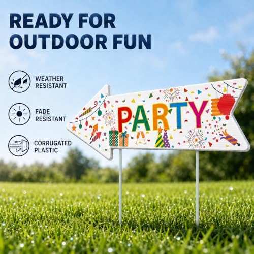 Party Signs with Stakes, 16 Inches by 5 Inches - Double Sided Signs - Corrugated Plastic - Colorful Birthday Party This Way Sign with Arrow for Yard Outdoors. (20) - Image 3
