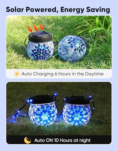Mosaic Solar Lights Outdoor 6 Pack, Solar Hanging Lanterns Christmas Halloween Gifts for Women Mom Grandma, Waterproof Glass Globe Lights, Garden Patio Decor for Yard, Tree, Balcony, Cold - Image 5