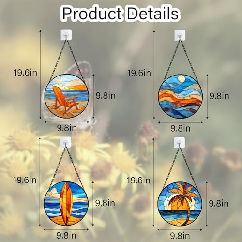 DASTOLL Stained Glass Window Hanging 4 Pcs Set Blue Orange Ocean Beach Theme 9.8" - Suncatcher Door Garden Sun Catcher Decor Birthday Christmas for Mom Woman Nana Men Wife - Image 6