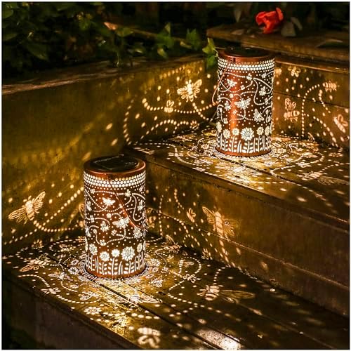 2 Pack Bee Outdoor Solar Hanging Lanterns Waterproof LED Solar Lights Metal Decorative Lanterns for Garden, Patio, Courtyard, Backyard, Yard Decor Unique Bee Gifts for Women Gardening by TIGGSY