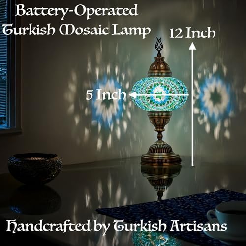DEMMEX Battery-Operated Turkish Moroccan Mosaic Table Lamp – 12”H, 5”W, Portable Stained Glass Lantern for Indoor & Outdoor Use, Cordless Handmade Decorative Light for Bedroom, Patio & Camping, Gold - Image 3