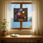 Berry Pie Gnome Picnic Stained Glass Suncatcher – Square Hanging Window Panel for Home or Greenhouse – Whimsical Glass Art Gift for Garden Lovers, Christmas, Halloween, Father Days aZdgHt - Image 6