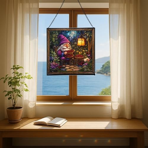 Berry Pie Gnome Picnic Stained Glass Suncatcher – Square Hanging Window Panel for Home or Greenhouse – Whimsical Glass Art Gift for Garden Lovers, Christmas, Halloween, Father Days aZdgHt - Image 6