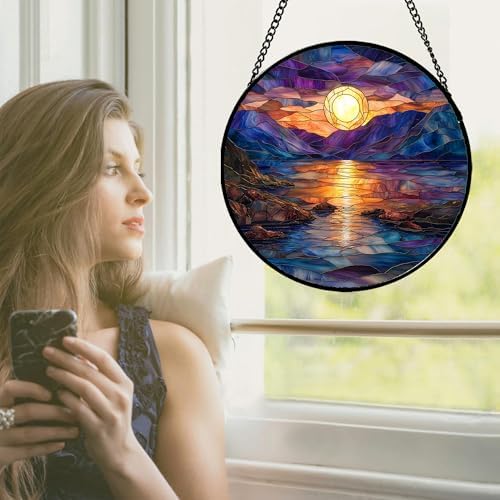 Stained Glass Window Hanging - Blue Purple Lake View Suncatcher for Door Terrace Garden Home Decor Sunset Landscape Sun Catcher Birthday Gifts for Lovers Women Men Dad Mom Nana 9.8 in - Image 2