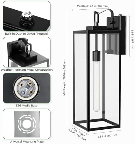 DORESshop 20 Inch Large Size Dusk to Dawn Outdoor Wall Lights, Matte Black Waterproof Anti-Rust Outdoor Light Fixtures Wall Mount with Clear Glass Shade for Porch, with T30 Light Bulbs, 2 Pack - Image 6