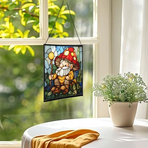 Gnome with Mushroom Maintenance Stained Glass Suncatcher – Square Hanging Window Panel for Home, Garden, Nursery, Halloween, Christmas, Memorial Day – Whimsical Glass Art Gift for Gnome Lovers v7uvc0 - Image 3