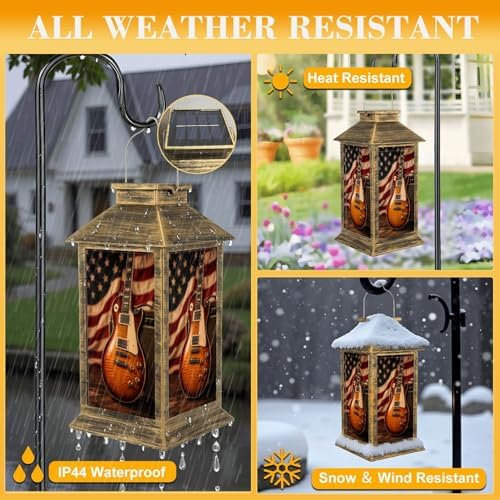 Solar Lantern Outdoor Waterproof American Music Guitar us Flag Guitar Garden Decor LED Hanging Solar Lights Tabletop Lamp Gifts for Women Mom Outside Yard Patio Porch - Image 3