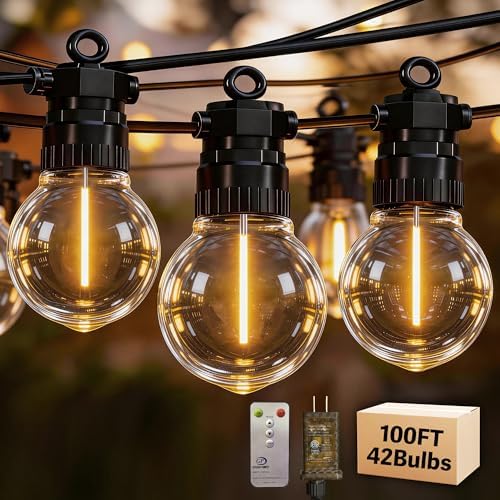 100FT Outdoor String Lights with Remote, 42 Dimmable Shatterproof LED G50 Bulbs, Waterproof Patio & Backyard Lights for Pergola, Deck, Garden, Bistro, Commercial Grade Hanging Lights by Unknown