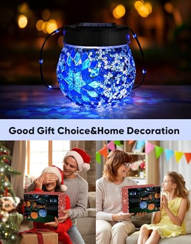 Mosaic Solar Lights Outdoor 4 Pack, Solar Hanging Lanterns Christmas Halloween Gifts for Women Mom Grandma, Waterproof Glass Globe Lights, Garden Patio Decor for Yard, Tree, Balcony, Cold - Image 6