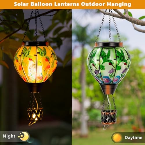 Starsoul Hummingbird Hot Air Balloon Solar Lantern with Candle Holder Glass Outdoor Solar Hot Air Balloon Flickering Flame for Lawn Porch Yard Decorations Gifts for Women Mom Grandma - Image 3