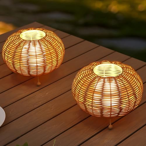 JONATHAN Y Kairi 5.75" Faux Rattan Cordless Lantern, Light Brown, Set of 2 - Image 2