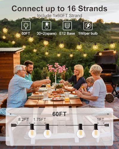 GLUROO 60FT Outdoor String Lights LED, Patio Lights with 32 Bulbs Waterproof, 2700K Warm White for Outside Backyard, Yard, Gazebo, Deck, Porch - Image 2