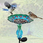 John's Studio Peacock Bird Bath for Outdoor - Glass Bowl Solar Light Cage Outside Dish Bird Feeder with Metal Stake for Garden, Yard and Patio - 32 inches - Image 4