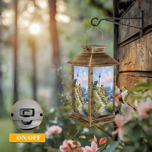 Solar Lantern Outdoor Waterproof Portland Head Lighthouse Scene Grassy Ocean Side Peninsula Sail Boat Garden Decor LED Solar Lights Hanging/Tabletop Lamp Gifts for Women Mom for Outside Yard Patio - Image 5