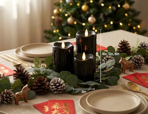 Black Flameless Pillar Candles Flickering with Remote Timer, Battery Operated LED Candles Up to 400 Hours, 3D Moving Flame Real Wax Candles(Black with Dripping Tear) - Image 3
