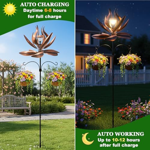 94in Solar Wind Spinner Bronze Metal Garden Stake Kinetic Yard Art - Image 4