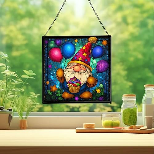 Birthday Balloon Gnome Stained Glass Suncatcher – Square Hanging Window Panel for Home or Greenhouse – Whimsical Glass Art Gift for Garden Lovers, Christmas, Halloween, Father Days 62hJGZ - Image 2