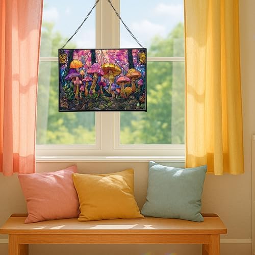 Rainbow-Colored Mushroom Cluster Rectangular Stained Glass Suncatcher – Hanging Window Panel with Animal & Nature Scene – Vibrant Glass Art Gift for Wildlife, Fantasy, Nature Lovers kE49ZM - Image 5