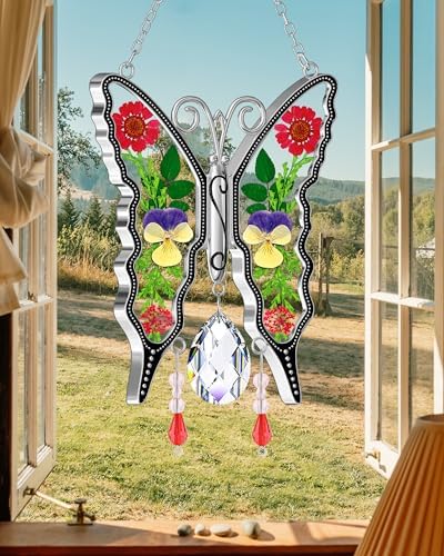 KY&BOSAM Butterfly Glass Crystal Pressed Flower Suncatchers Window Hanging - Image 3