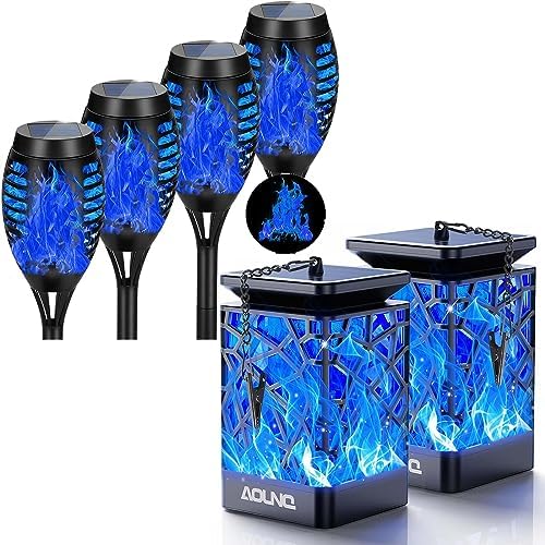 Solar Lights Outdoor Waterproof Blue, Upgraded Solar Torch Lights with Flickering Flame, Mini Solar Outdoor Garden Lights Tiki Torches for Outside Patio Yard Pathway Christmas Decor by AOUNQ