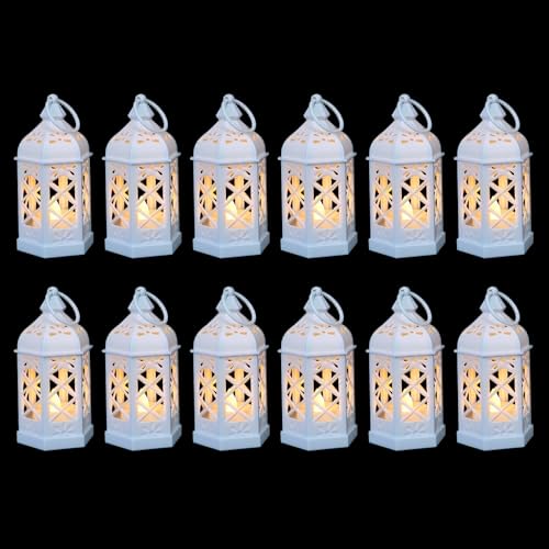 12-Pack Mini Moroccan Lanterns with LED Candle for Ramadan, Wedding, Festivals, Small Decorative Lanterns Shatterproof for Baby Shower & Table Centerpiece, Ornament, Party Decor, White by ReperlaSpecialMiniSmallLanternDecoration