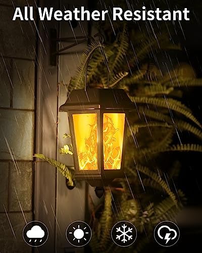 Solar Lanterns Outdoor Waterproof, Hanging Solar Lights with Glass Shade - 2 Pack LED Metal Wall Mount Outdoor Light for Yard/Garden/Patio - Flame - Image 4