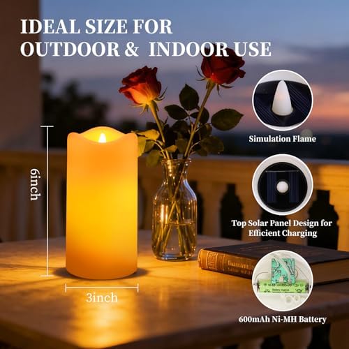 Solar Candles Outdoor, 6 Pack Flameless Pillar Candles, 3" x 6" - Image 2