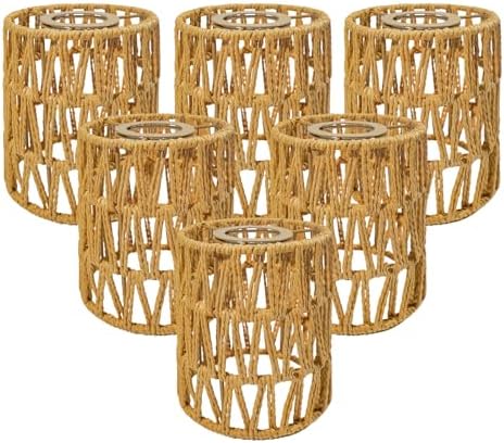 6-Pack Boho Rattan Lamp Shades - Cylinder Shade Natural Wicker Lampshades by LOZNDA
