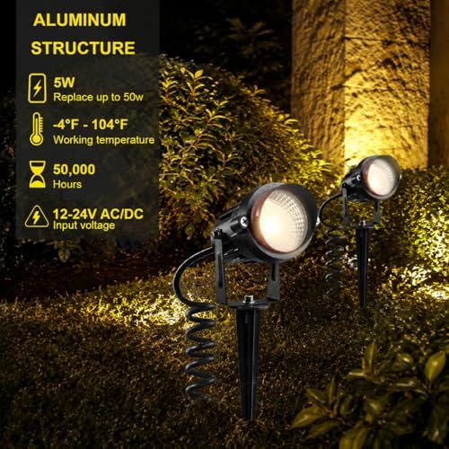 5W Low Voltage LED Landscape Lights,12V/24V AC/DC Landscape Lighting,Outdoor Lawn Tree Flag Spotlights with Spike Stand,IP65 Waterproof Garden Pathway Lights (8 Pack Warm White with Connector) - Image 3