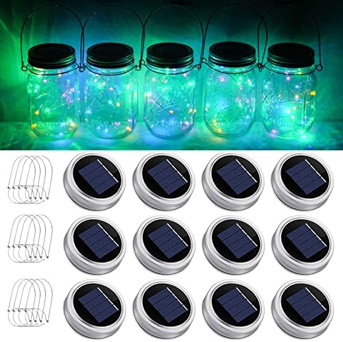 SmilingTown Solar Mason Jar String Light Lids 12 Pack 30 LED Fairy Firefly Inserts Lighting with 12 Hangers Waterproof for Outdoor Tree Patio Lawn Garden Decor, No Jars (Multi-Colored) by SmilingTown