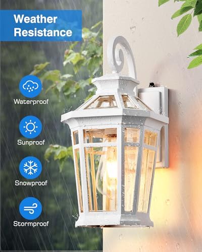 Dawn to Dusk Outdoor Light Fixture, White Front Porch Lights Wall Mount, Exterior Sconce Light with E26 Socket, Anti-Rust Coach Lights for Garage, Waterproof Outdoor Lighting for House, Patio - Image 3