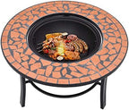 Mosaic Fire Pit 26.8" Ceramic Bowl for Garden Patio Backyard, Portable Outdoor Steel Wood Burning Fireplace with Grid and Tabletop - Image 5